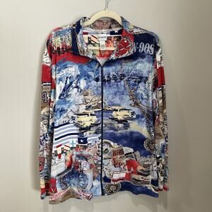 Chico's Sz 3 Blue Nautical Map‎ Compass Zip Up Stretch Jacket Womens Vacation
